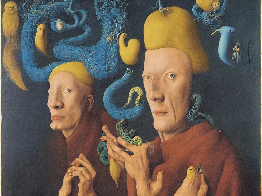 Image similar to Portrait of albino mystic with blue eyes, with exotic beautiful snake. Painting by Jan van Eyck, Audubon, Rene Magritte, Agnes Pelton, Max Ernst, Walton Ford