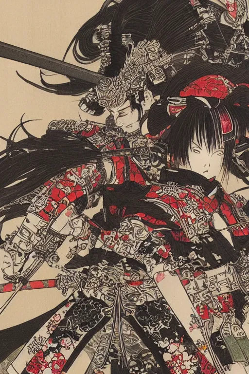 Prompt: elegant illustration of samurai warfare by Yoshitaka Amano