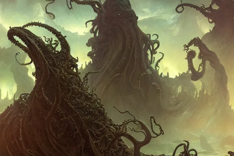 Prompt: a lovecraftian painting of cthulhu rising, cosmic horror elements, ultra realistic, concept art, intricate details, eerie, highly detailed, photorealistic, octane render, 8 k, unreal engine. art by artgerm and greg rutkowski and alphonse mucha