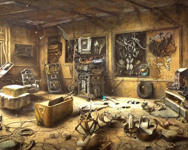 Image similar to a painting of a confusing room filled with unusual artifacts, an airbrush painting by breyten breytenbach, cgsociety!, neo - primitivism, dystopian art,! apocalypse landscape!!