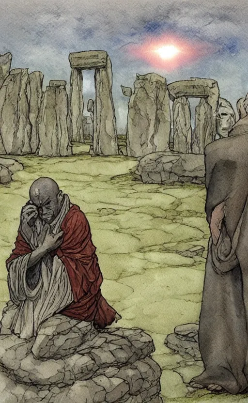 Image similar to a realistic and atmospheric watercolor fantasy concept art of giant monk in grey robes sitting in stonehenge. in the foreground a tiny medieval monk in grey robes is praying. a ufo is in the sky. by rebecca guay, michael kaluta, charles vess