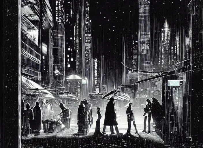 Image similar to some people waiting at bus stop in dark city night, detailed, high quality, by Moebius, sci-fi, reimagined by industrial light and magic