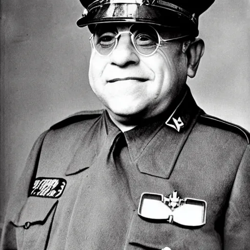 Image similar to 1942 portrait photograph, Danny DeVito in a Nazi officer's uniform