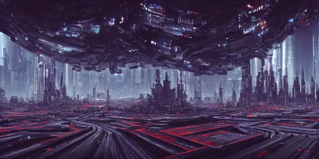 Image similar to a landscape view of a cybernetic cathedral overlooking an higway of data, cyberpunk, beautiful detailed, cinematic, strong lighting, hi - fructose art magazine, photorealistic, 8 k