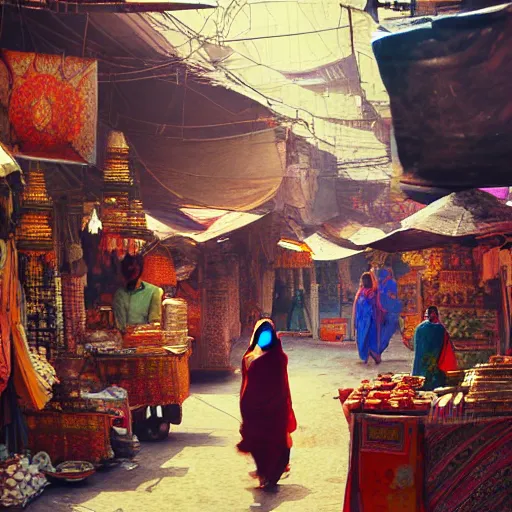 Image similar to bazaar in delhi. art by salman toor. faithfully depicted facial expression, perfect anatomy, sharp focus, global illumination, radiant light, detailed and intricate environment, trending on artstation