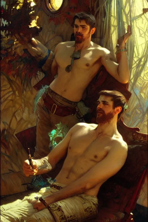 Image similar to attractive man playing video games, painting by gaston bussiere, craig mullins, greg rutkowski, alphonse mucha
