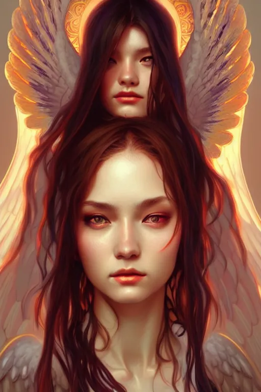 Prompt: beautiful casual angel warlock portrait, highly detailed, digital painting, artstation, sharp focus, illustration, art by tan zi and ayanamikodon and alphonse mucha and wlop