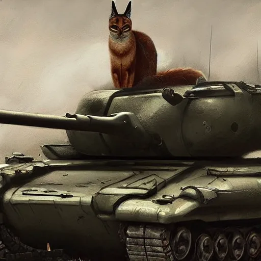 Prompt: cute caracal on a tank, portrait, jakub rozalski, dark colours, dieselpunk, artstation