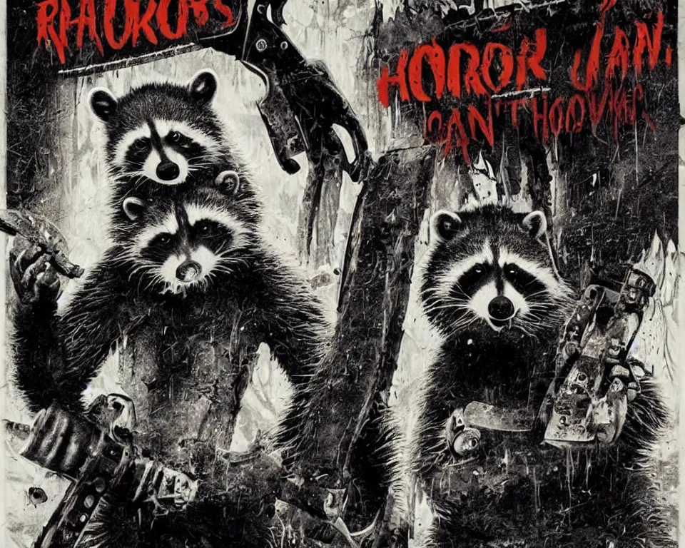 Prompt: a horror movie poster featuring a giant raccoon with a chainsaw