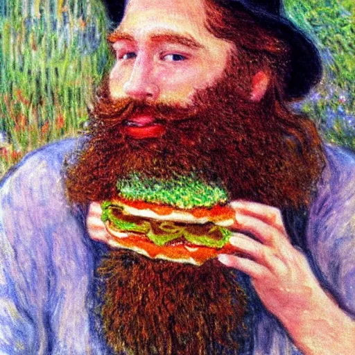Prompt: ginger young handsome man with beard eating hamburger happily by monet