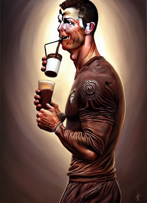 Image similar to christiano ronaldo drinking chocolate milk, intricate, elegant, highly detailed, centered, digital painting, artstation, concept art, smooth, sharp focus, illustration, artgerm, tomasz alen kopera, peter mohrbacher, donato giancola, joseph christian leyendecker, wlop, boris vallejo