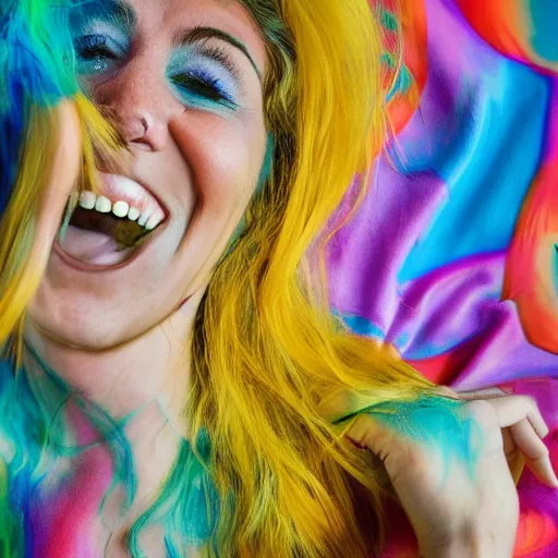 Prompt: psychedelic woman with yellow hair laughing under a blur blanket cats around her