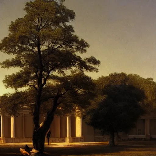 Prompt: a painting of a building with a tree in the foreground, an oil painting by jean - leon gerome, reddit contest winner, american scene painting, oil on canvas, chiaroscuro, panorama