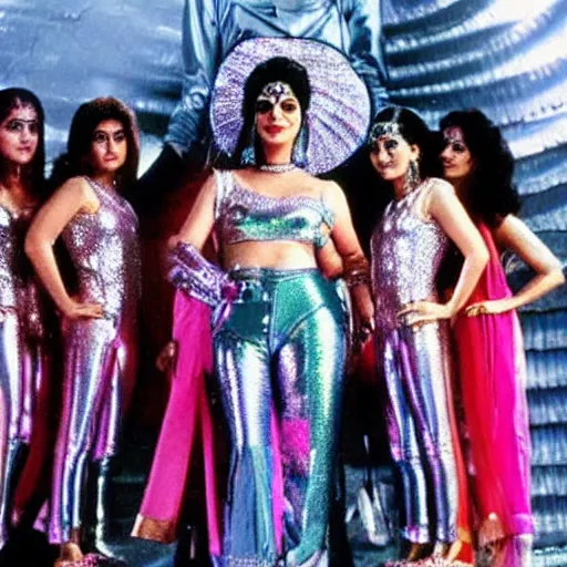 Image similar to 1 9 8 0 s bollywood movie, an elephant wearing a silver latex suit and an iridescent metal helmet surrounded by women dancing in colorful flowing intricate dresses on a tropical alien planet