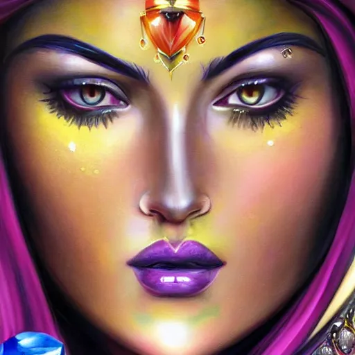Prompt: a teenage Mädchen Amick as Goddess of gems looking at you intensely with seductively serious eyes while wearing a head covering. ultra detailed painting at 16K resolution and epic visuals. epically surreally beautiful image. amazing effect, image looks crazily crisp as far as it's visual fidelity goes, absolutely outstanding. vivid clarity. ultra. iridescent. mind-breaking. mega-beautiful pencil shadowing. beautiful face. Ultra High Definition.