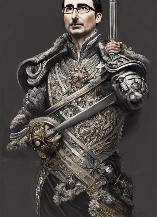 Prompt: portrait of lord john oliver as stoic king, royalty, extravagant, lord, full body, military uniform, fantasy, intricate, elegant, beautiful, highly detailed, charcoal, centered, dark, smokey, digital painting, artstation, concept art, art by artgerm and greg rutkowski and alphonse mucha