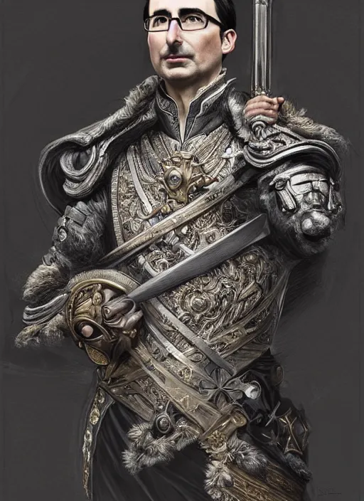 Image similar to portrait of lord john oliver as stoic king, royalty, extravagant, lord, full body, military uniform, fantasy, intricate, elegant, beautiful, highly detailed, charcoal, centered, dark, smokey, digital painting, artstation, concept art, art by artgerm and greg rutkowski and alphonse mucha