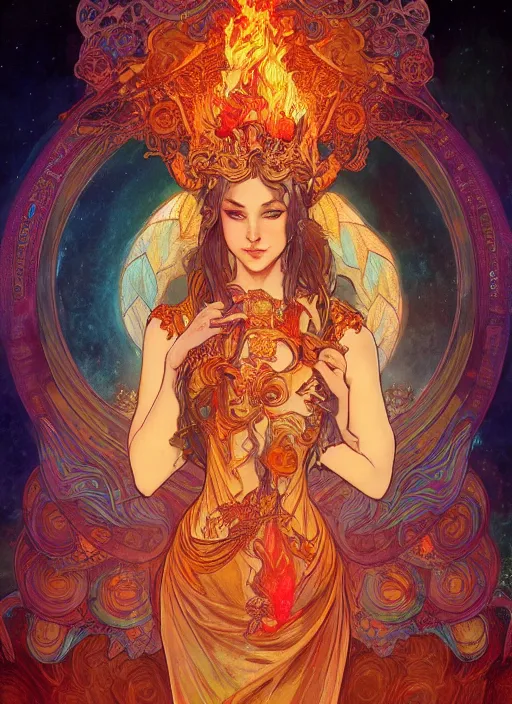 Image similar to Fire Goddess, ambient lighting, 4k, josephine wall, alphonse mucha, lois van baarle, ilya kuvshinov, rossdraws, artstation