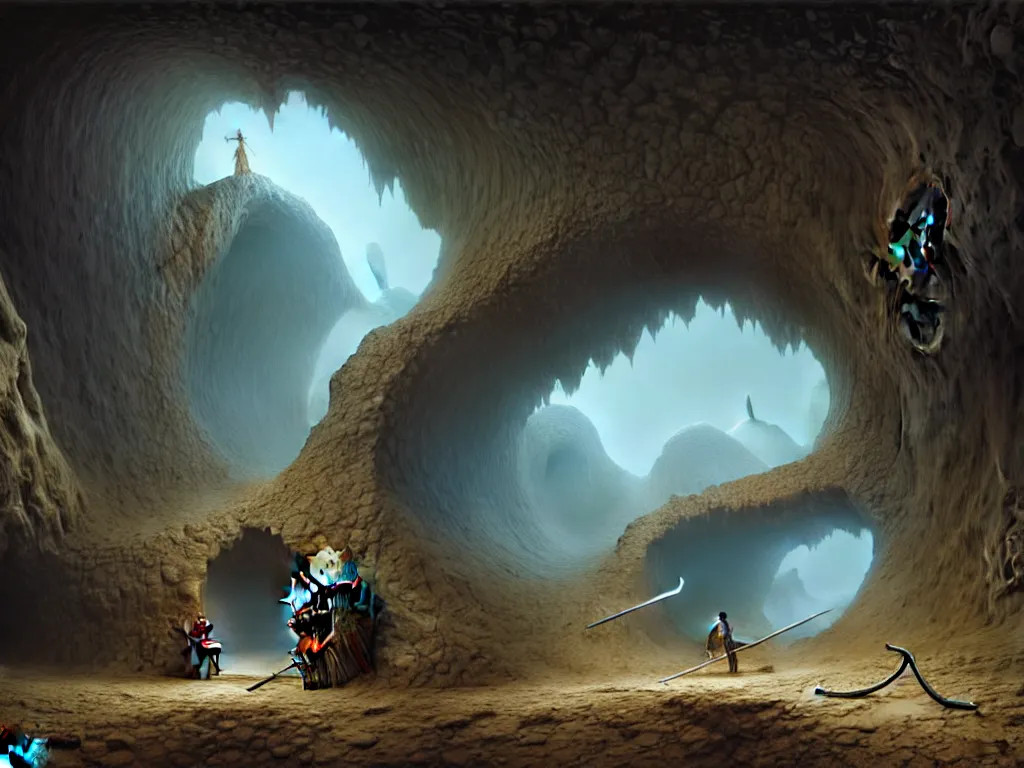 Prompt: a big mouth turns into a cave with strange bearded beings with scythes, 4 k, art by jaroslaw jasnikowski