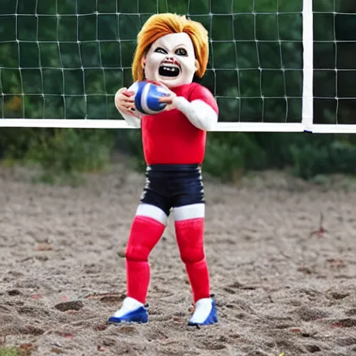 Image similar to screaming chucky doll playing volleyball and wearing tight volleyball shorts