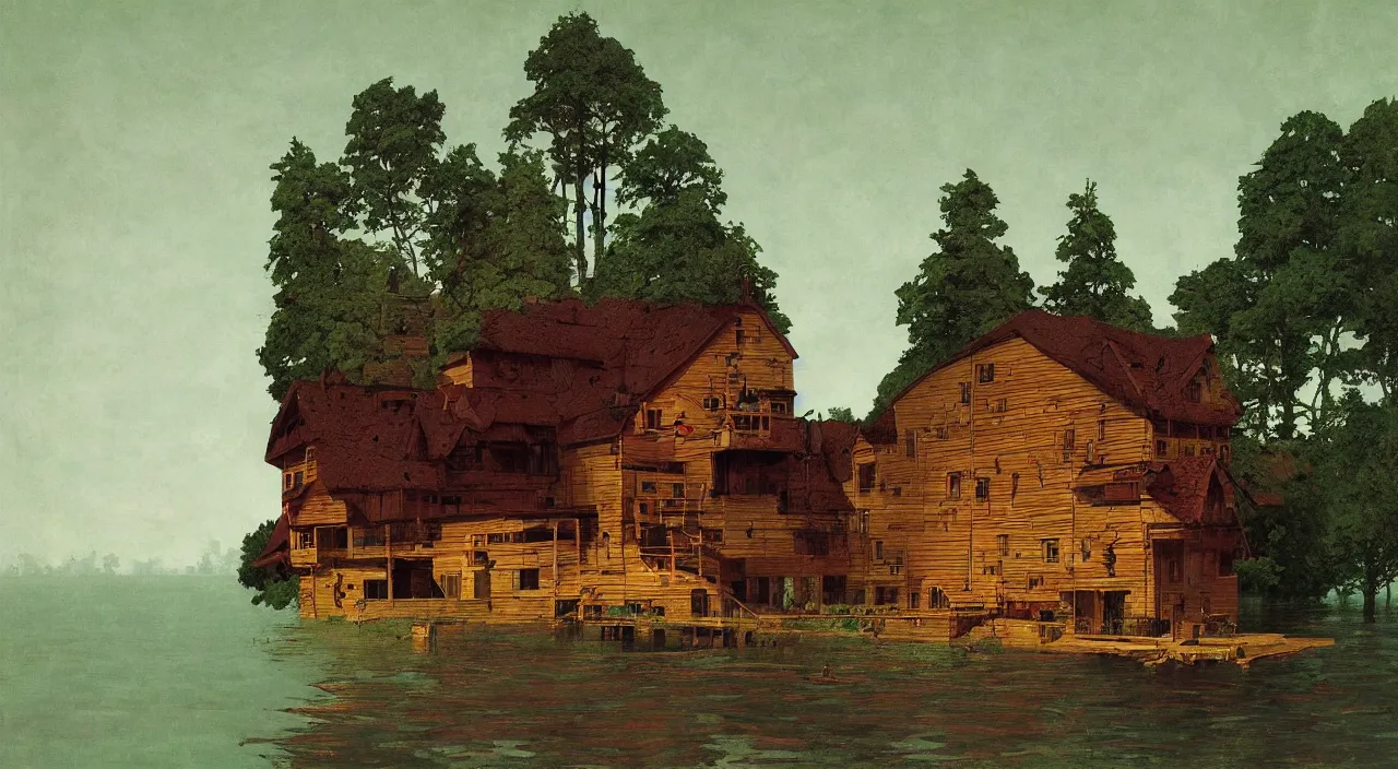 Prompt: single! flooded simple wooden ancient outpost, very coherent and colorful high contrast!! masterpiece by rene magritte simon stalenhag carl spitzweg syd mead norman rockwell edward hopper james gilleard, minimalist, dark shadows, sunny day, hard lighting