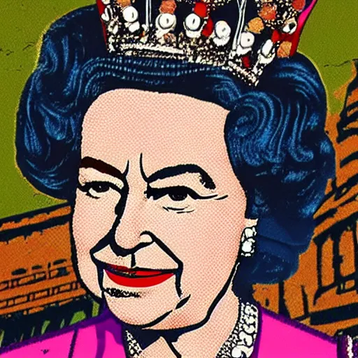 Image similar to pop-art of Queen Elizabeth firing a bazuka