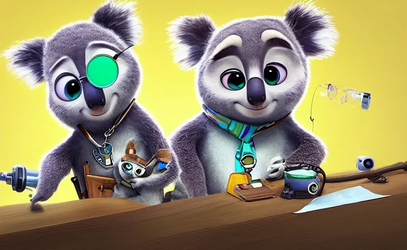 Image similar to “ one cute koala with very big eyes, wearing a bandana and chain, holding a laser gun, standing on a desk, digital art, award winning, in the style of the movie zootopia ”