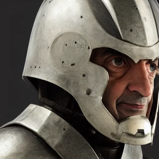 Image similar to photo of rowan atkinson in mandelorian armor helmet off, high res, realistic, high detail