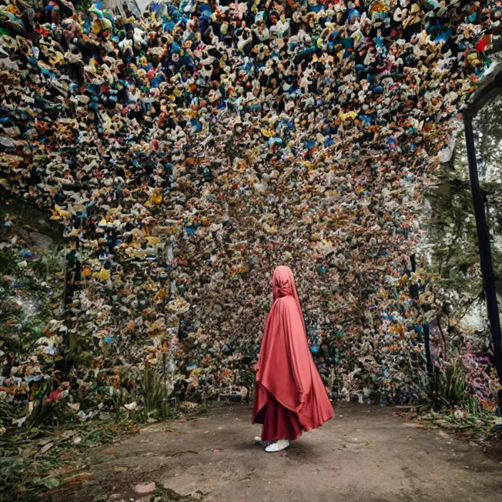 Prompt: a woman wearing a cloak made of butterflies, in an abandoned theme park, by omar z. robles, canon eos c 3 0 0, ƒ 1. 8, 3 5 mm, 8 k, medium - format print