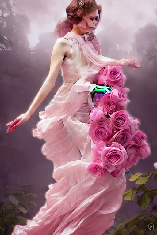 Image similar to woman dressed in a vaporous wrapped large victorian pink roses silk semi-transparent dress fashion is running, D&D, fantasy, intricate, elegant, highly detailed, digital painting, artstation, concept art, matte, sharp focus, illustration, art by Artgerm and Greg Rutkowski and Alphonse Mucha