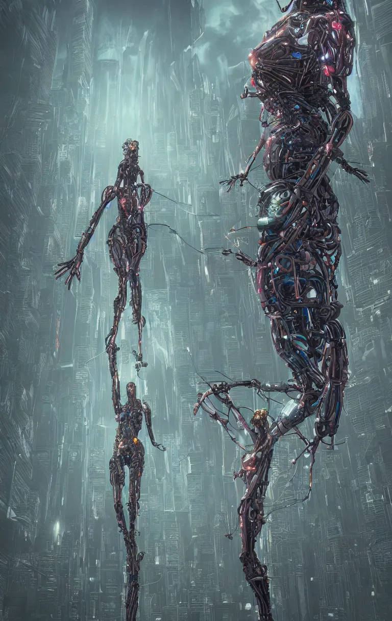 Image similar to award winning portrait of a crucified gargantuan female biomorphic cyborg goddess queen in the style of death stranding, neon genesis evangelion, with intricate energy core connecting to a futuristic downtown city, mightnight by artgerm, jean moebius giraud, yoshitaka amano, beeple, greg rutkowski. octane render.