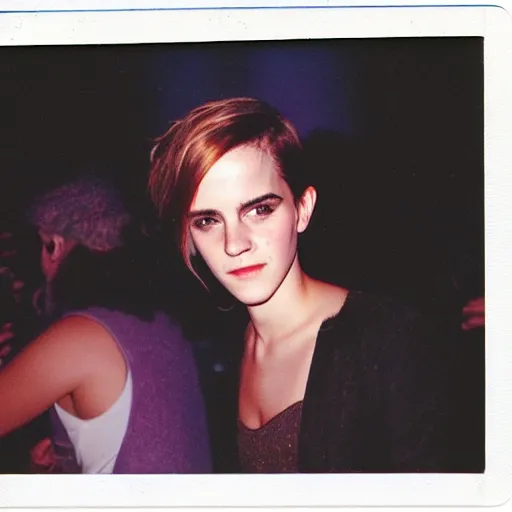 Prompt: color polaroid of emma watson clubbing candid shot full body by Tarkovsky