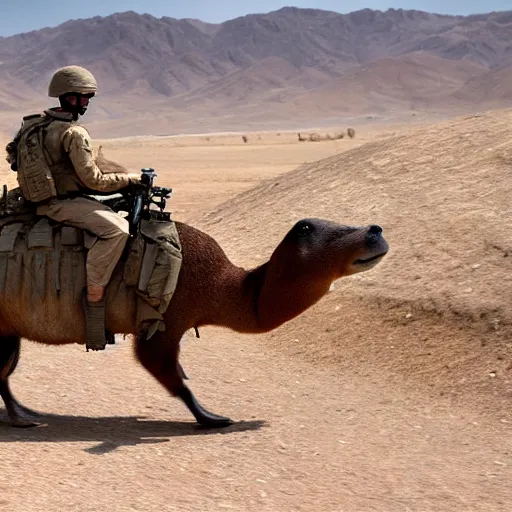 Image similar to cinematic shot of a u. s marine riding on the back of a giant capybara in afghanistan, 8 k, very detailed, very intricate,