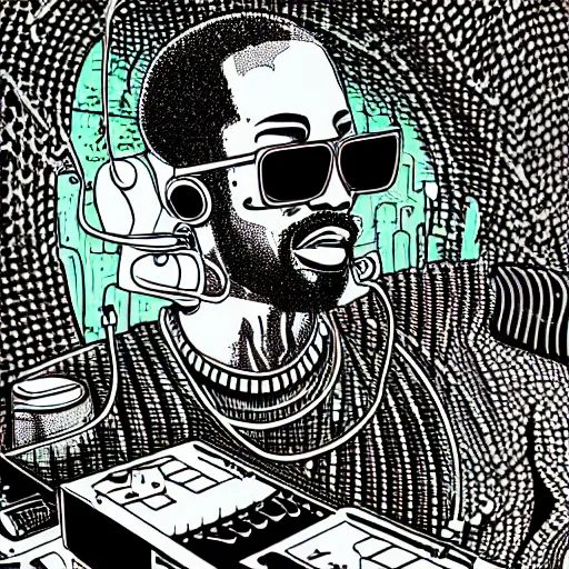 Prompt: intricate detailed artwork of a futuristic dj black coffee at an underground warehouse rave in the style of Geof Darrow, bald head, sunglasses, beard, wires, speakers, neon