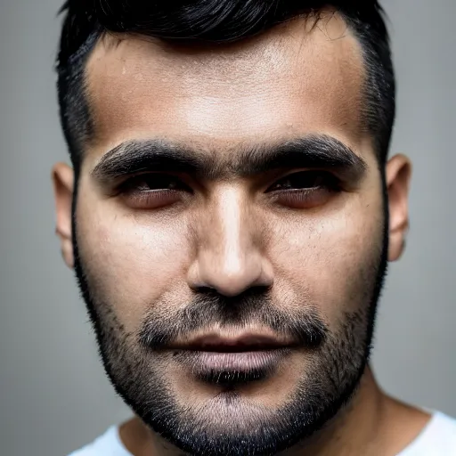 Prompt: close up of face of good looking 3 5 year old peruvian man with clean shaven face, no beard, thin face, small eyes, very short straight black hair in a quiff style, color portrait, 4 k