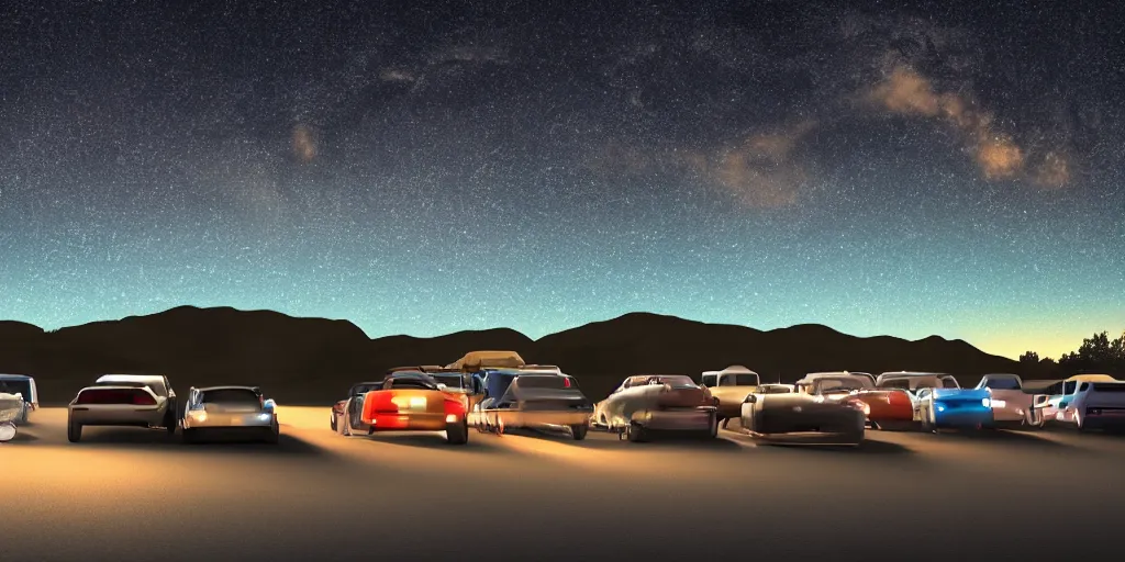 Image similar to a drive in movie theater with a line of cars, detailed, volumetric lighting, starry night, dusk