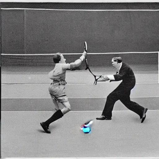 Prompt: Photograph of a tennis match between Winston Churchill and Adolf Hitler