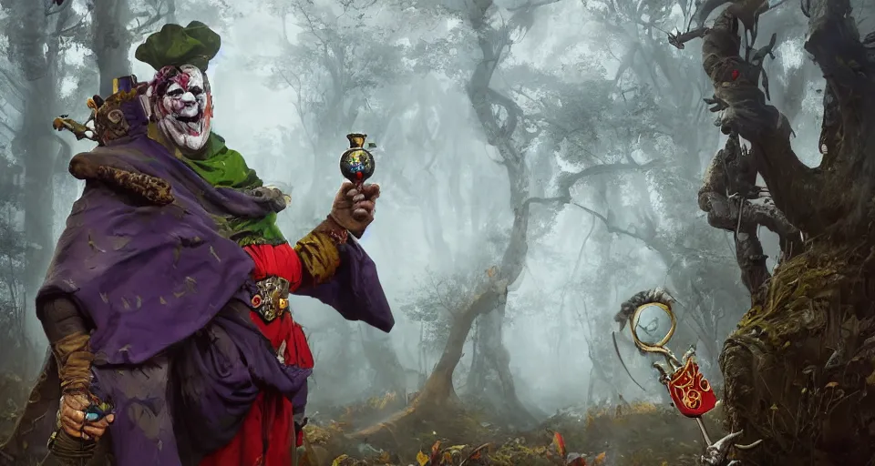 Image similar to robert de niro as medieval joker, crazy colorful clothing with a heavy golden mace in his left hand and a beer jug in his right hand, wandering through a forbidden forest, trending on artstation, 8k hyperrealistic, style of peter mohrbacher, octane render, unreal engine