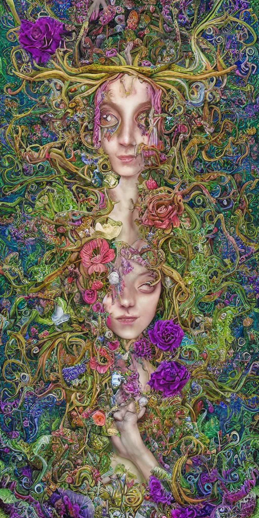 Image similar to a painting by by hanna yata, geenss archenti flores of the spirit of mother nature in fantasy, intricate, elegant psychedelia shapes by hanna yata, geenss archenti flores, ben ridgway, intricate, elegant, highly detailed, digital painting, artstation, concept art, ambient occlusion, vray render,