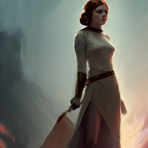 Prompt: Emma stone as Princess Leia, Magic the Gathering art, art by greg rutkowski, matte painting, trending on artstation, very detailed