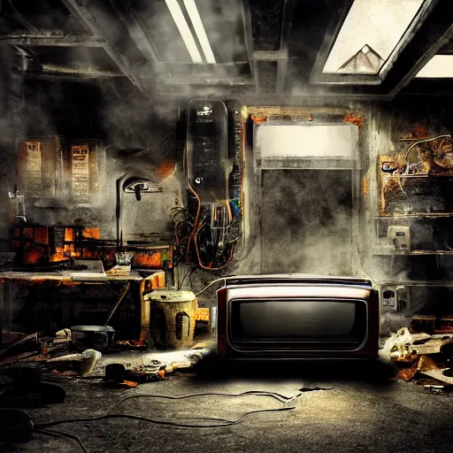 Image similar to cyborg toaster oven repairman, dark messy smoke - filled cluttered workshop, dark, dramatic lighting, orange tint, sparks, plasma rays, cinematic, highly detailed, sci - fi, futuristic, movie still, rule of thirds composition