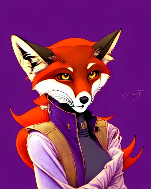 Image similar to don bluth, loish, artgerm, joshua middleton, steampunk, clockpunk anthropomorphic fox girl, purple vest, smiling, symmetrical eyes symmetrical face, colorful animation forest background