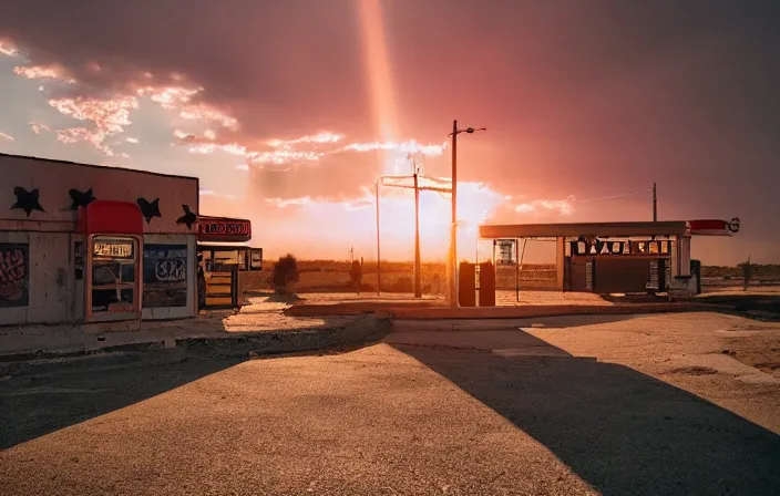 Image similar to a sunset light landscape with historical route 6 6, lots of sparkling details and sun ray ’ s, blinding backlight, smoke, volumetric lighting, colorful, octane, 3 5 mm, abandoned gas station, old rusty pickup - truck, beautiful epic colored reflections, very colorful heavenly, softlight