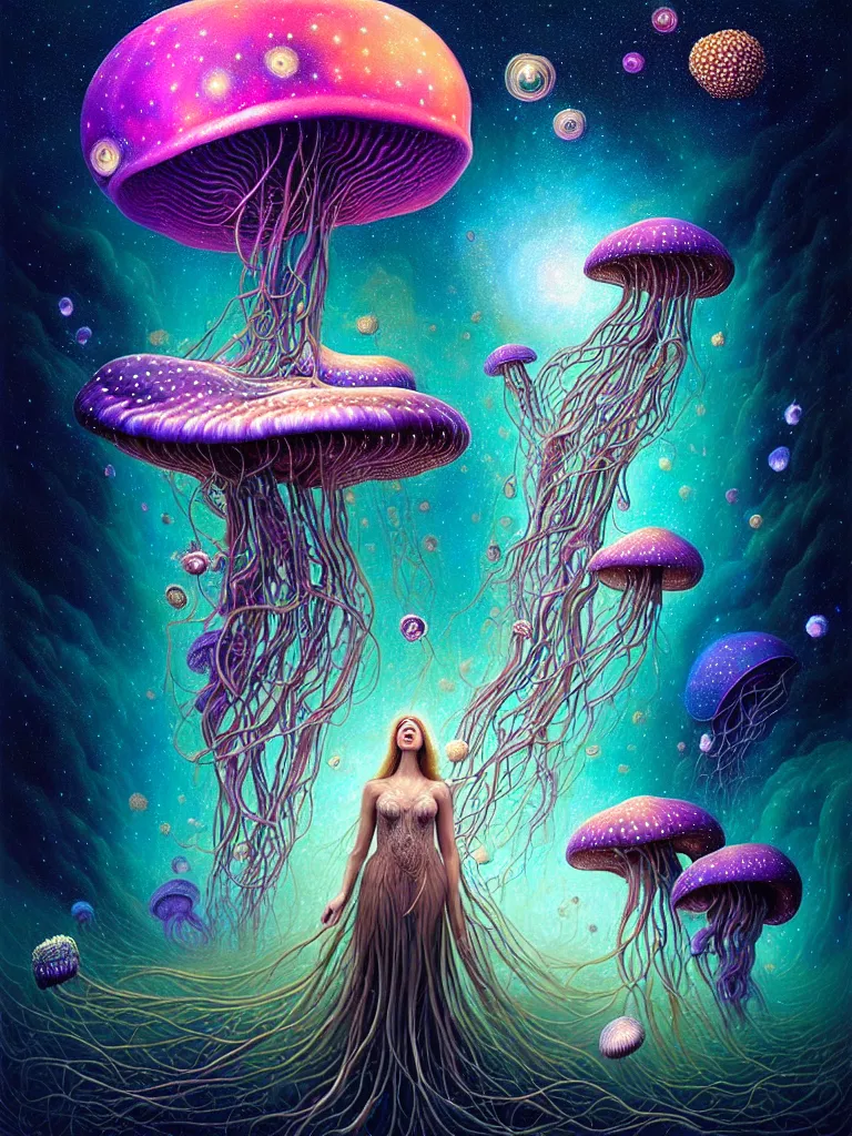 Prompt: portrait of queen of dreams, extremely beautiful is floating and merging among many nebula stars with lots of gigantic mushrooms and jellyfish, symmetrical composition, by gediminas pranckevicius, rafal olbinski, rob gonsalves, peter gric, digital painting, octane rendered, intricate details, neon colors vibrant colors, trending on artstation