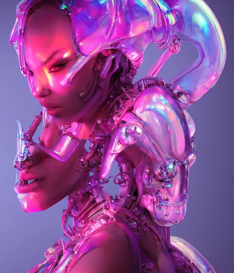 Prompt: iridescent portrait of a beautiful princess of death in robe. hard surface modelling. cyberpunk look. biomechanical mask. bio luminescent biomechanical halo around head. neon jellyfish. artwork by jarold Sng by artgerm, by Eddie Mendoza, by Peter mohrbacher by tooth wu, unreal engine, octane render, cinematic light, high details, iridescent colors, dichroic, macro, 4l