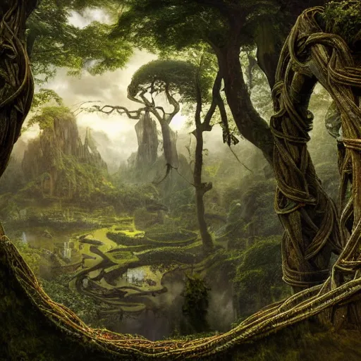 Image similar to a beautiful and highly detailed matte painting of an elven temple in a magical fantasy garden in a lush forest in the mystical mountains, celtic knots, tangled trees, knotted vines, intricate details, epic scale, insanely complex, 8 k, sharp focus, hyperrealism, very realistic, by caspar friedrich, albert bierstadt, james gurney, brian froud,