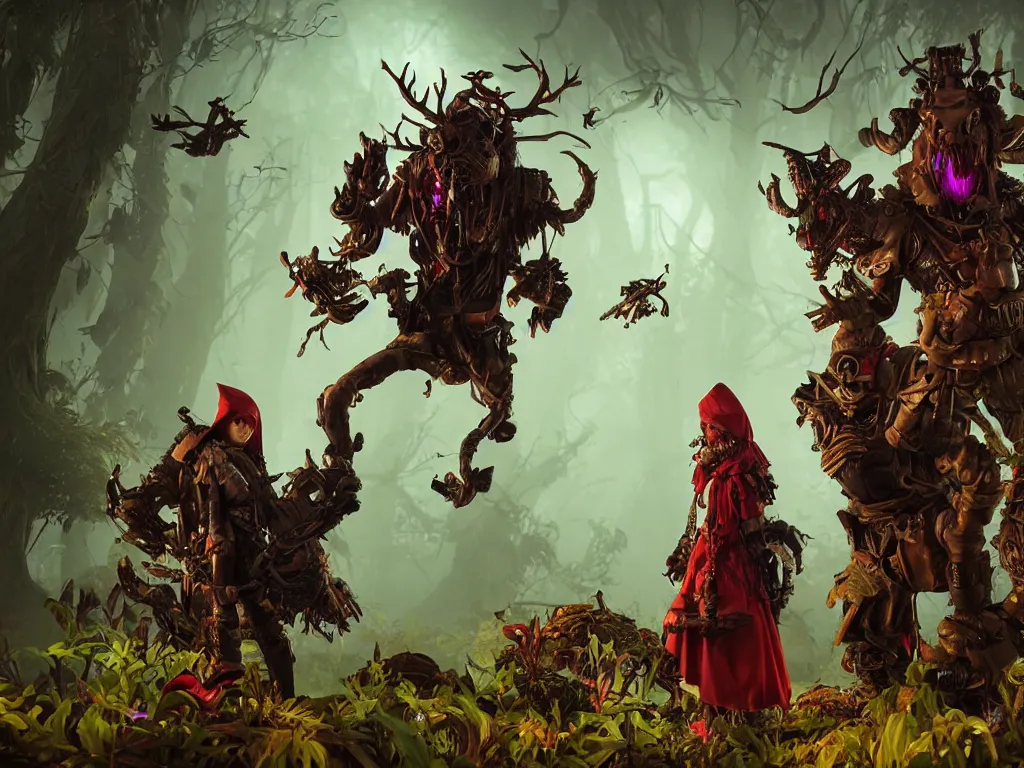 Image similar to red ridding hood and a troop of gamekeepers hunt mystical forest monsters. all wearing a steampunk and neonpunk mechanical fluorescent mystical animal masks. realistic fornite style. full body. product introduction photos. luminescent, elements, by tooth wu and wlop and beeple and greg rutkowski. epic cinematic shot, perfectly defined features, ambient occlusion