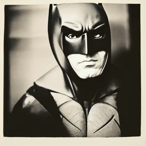 Prompt: portrait of Batman by Diane Arbus, 50mm, black and white