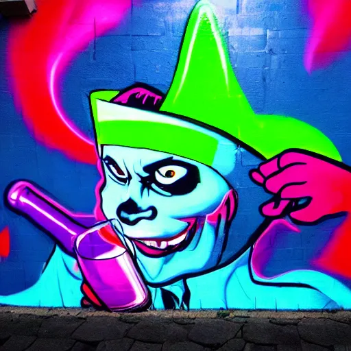 Image similar to florescent glowwave graffiti of the baby joker drinking wine on a street wall, glow wave