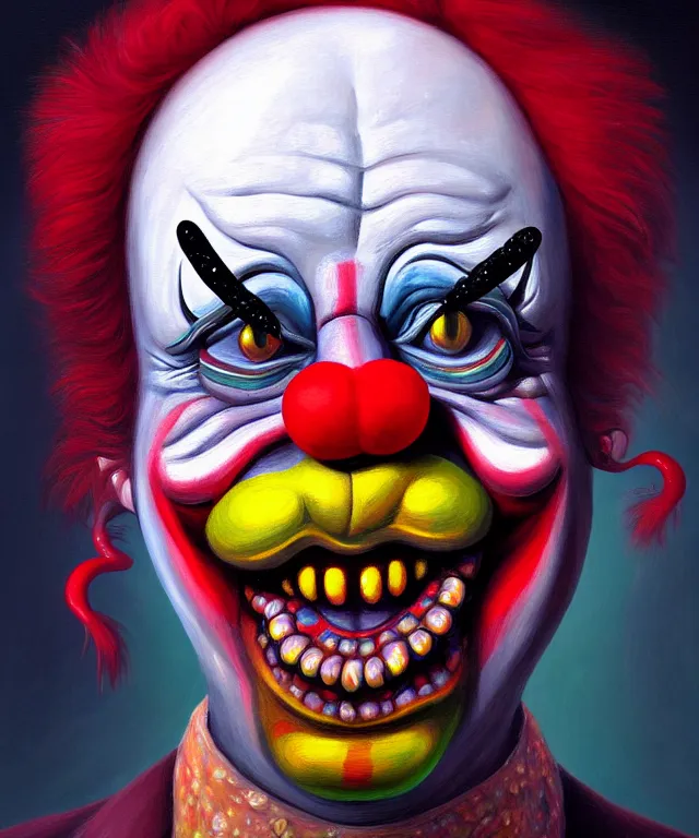 Image similar to a portrait painting of a clown, polycount, surrealism, surrealist, lovecraftian, cosmic horror, high detail